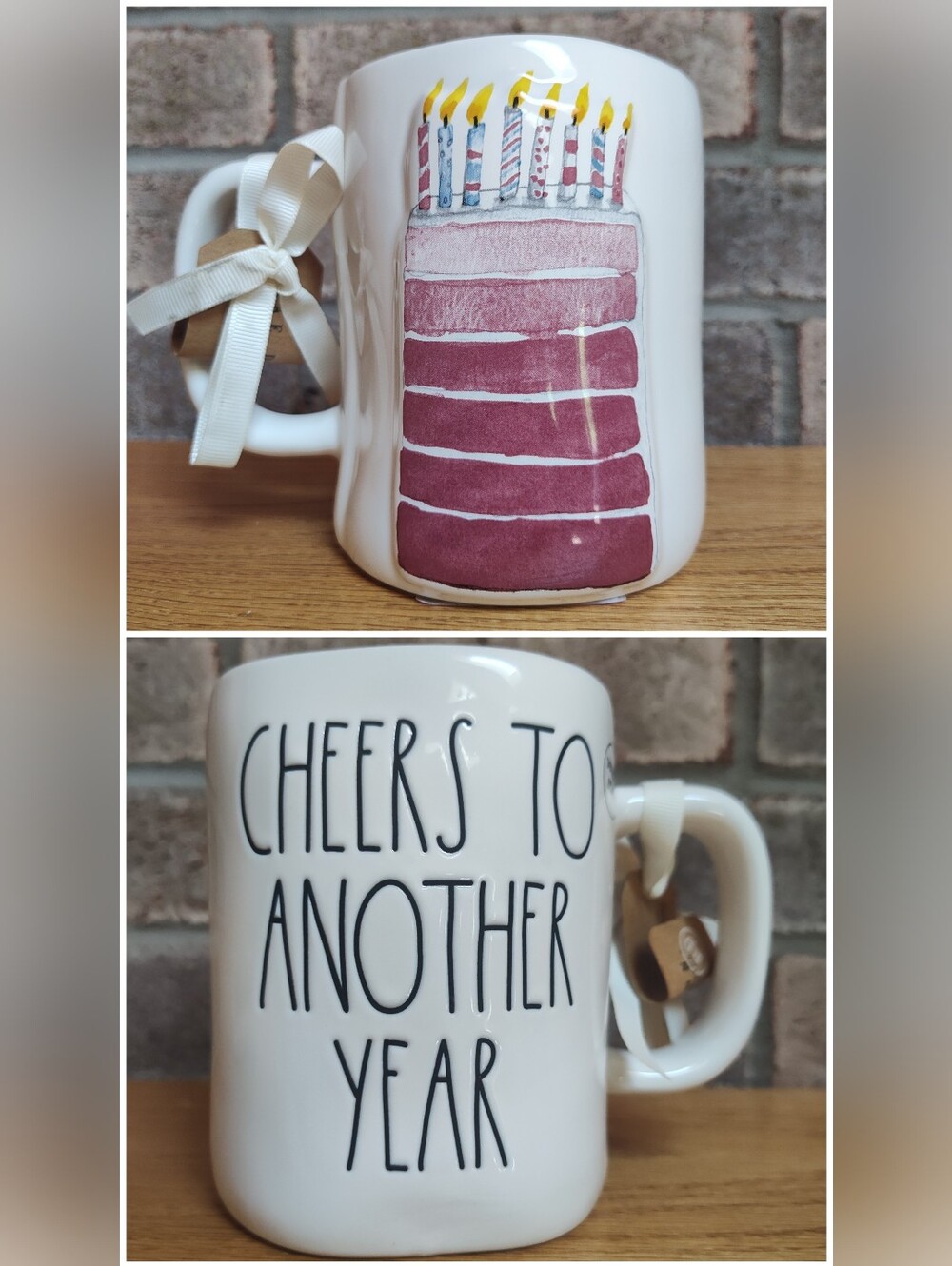 Rae Dunn "Cheers To Another Year"  Double-sided White Ceramic Birthday Mug